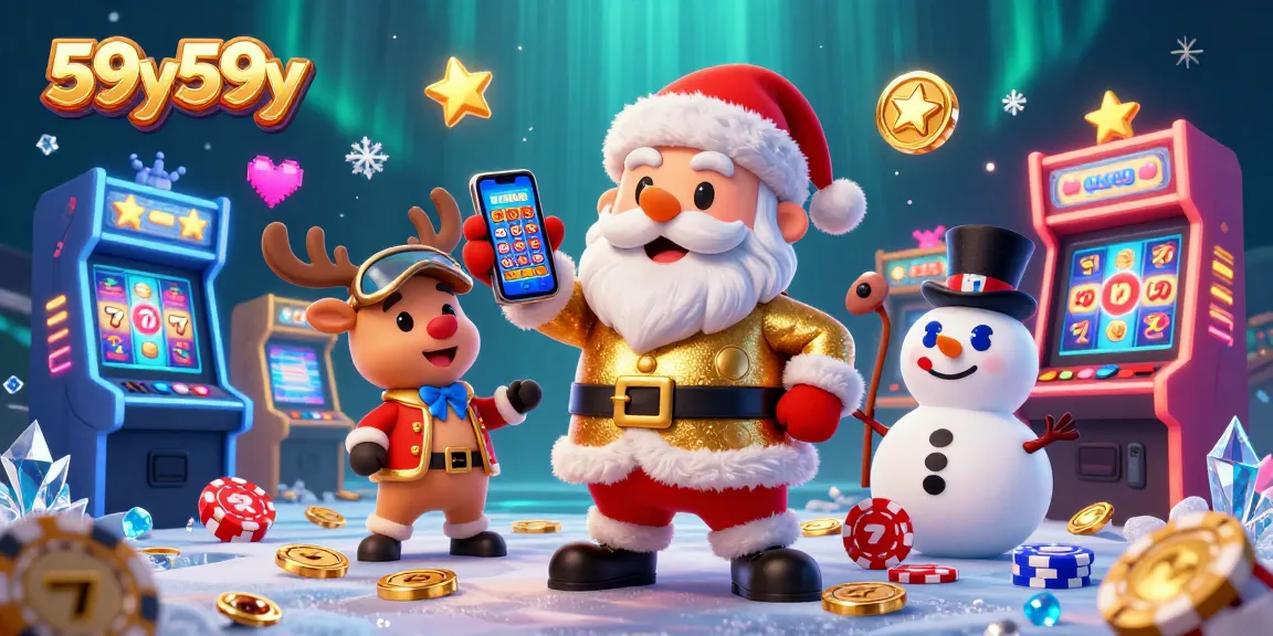 Spin the reels with 59y59y's vibrant and festive casino scene featuring Santa and friends.