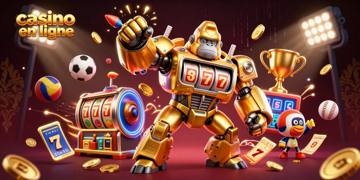 Casino en ligne : illustration dynamique de machines à sous avec un gorille mech doré et des éléments sportifs