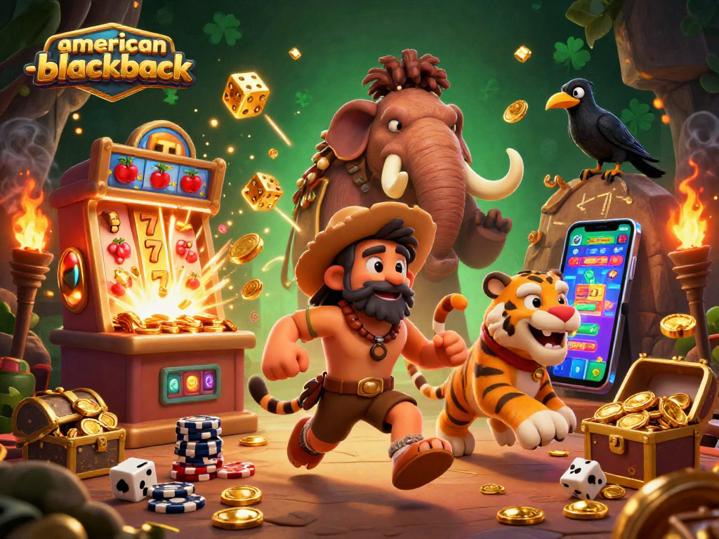 Experience the excitement of american-blackjack with a thrilling prehistoric casino scene featuring ancient characters and dynamic game elements.
