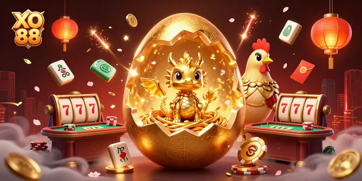 Win big at XO 88 with a stunning golden dragon scene, casino elements, and festive fireworks.