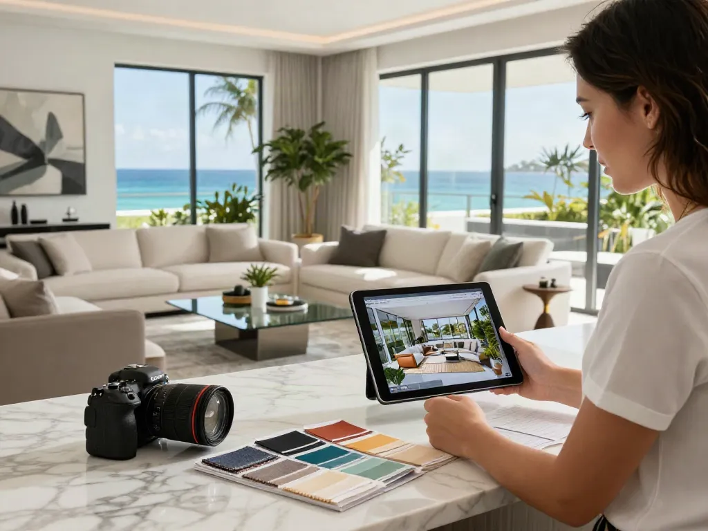 Elegant Bal Harbour remodeling scene showcasing a designer collaborating with homeowners in a luxurious living room.