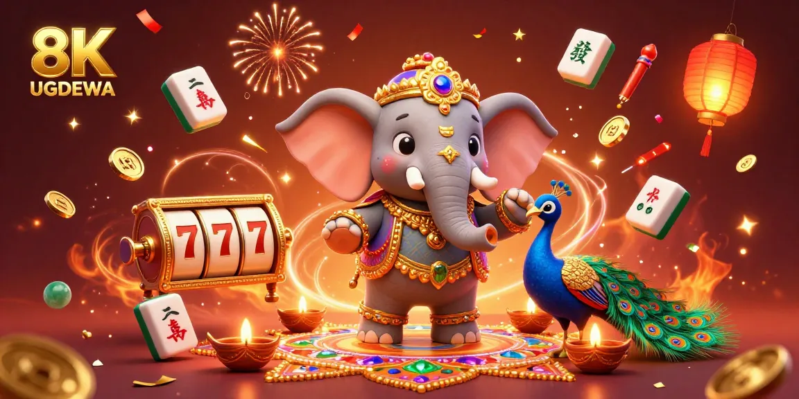Spin slots with UGDEWA in a festive 3D casino scene featuring a vibrant elephant and effects.
