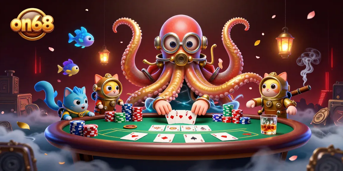 Engage in fantasy gambling adventures with on68, featuring a kraken and diving cat in a vivid casino scene.