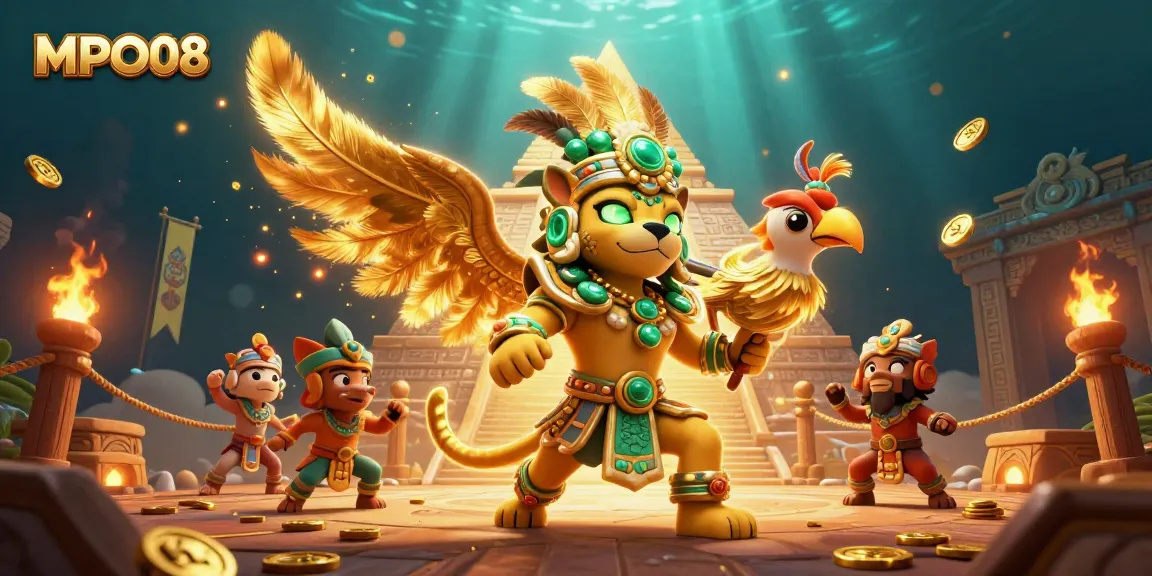 MPO08 agents celebrate jackpot wins with colorful tokens and golden feathers in a vibrant casino scene.