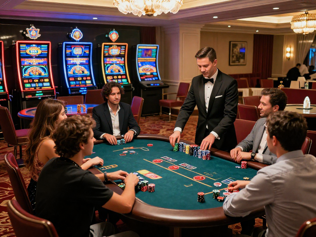 Exciting atmosphere of online european casinos with players enjoying gaming tables and vibrant decor