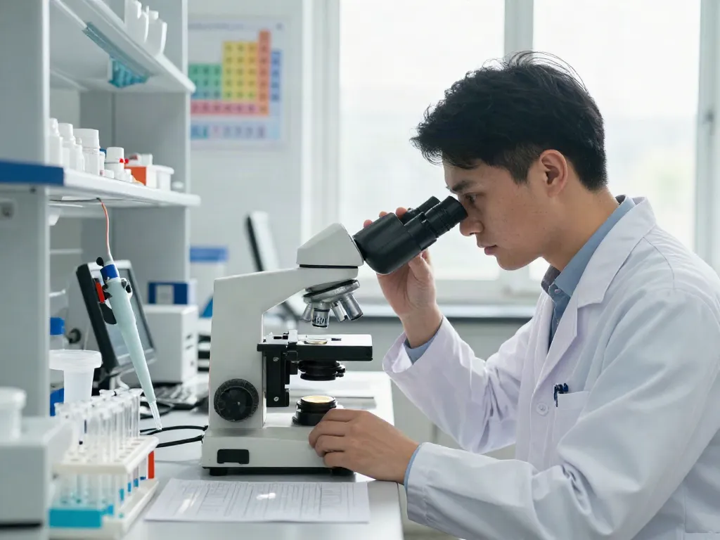KLOW peptide vials being examined in an advanced laboratory environment with natural sunlight.