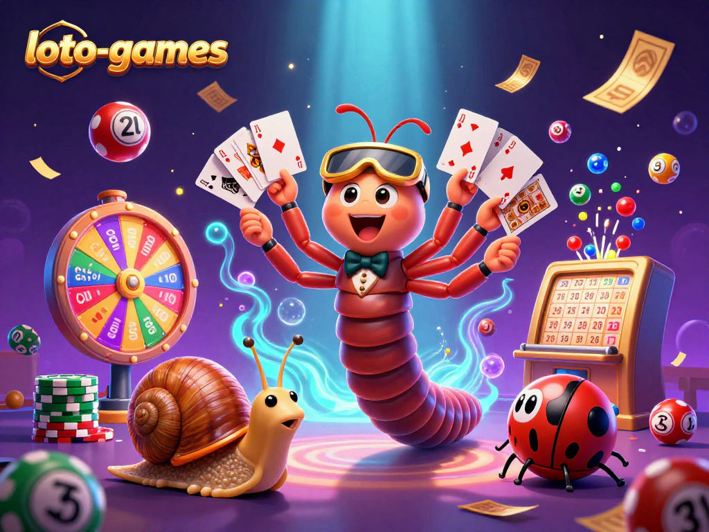 Immerse yourself in loto-games with a vibrant 3D scene featuring a playful dealer and lottery elements.