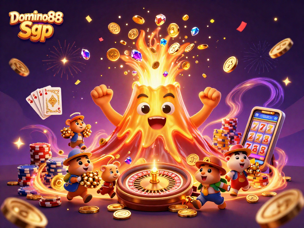 Engage with Domino88 Sgp in a vibrant, animated casino scene featuring treasure and gaming excitement.