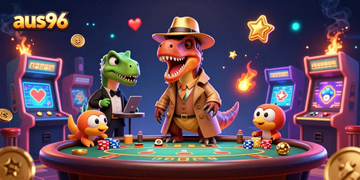 Experience the vibrant hustle of aus96 at a blackjack table with whimsical dinosaurs in this engaging casino scene.