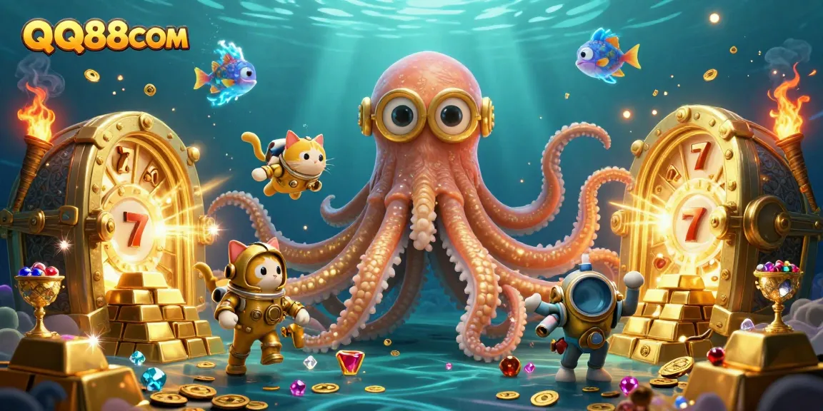 Experience the thrill of QQ88COM with this dynamic underwater casino scene featuring a kraken, diving cat, and treasures.