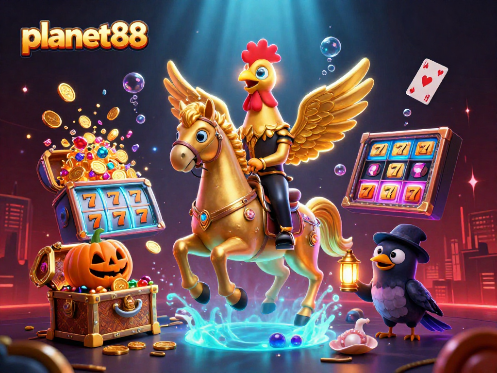 Experience exciting slots on planet88 with a vibrant 3D illustration featuring dynamic casino elements.