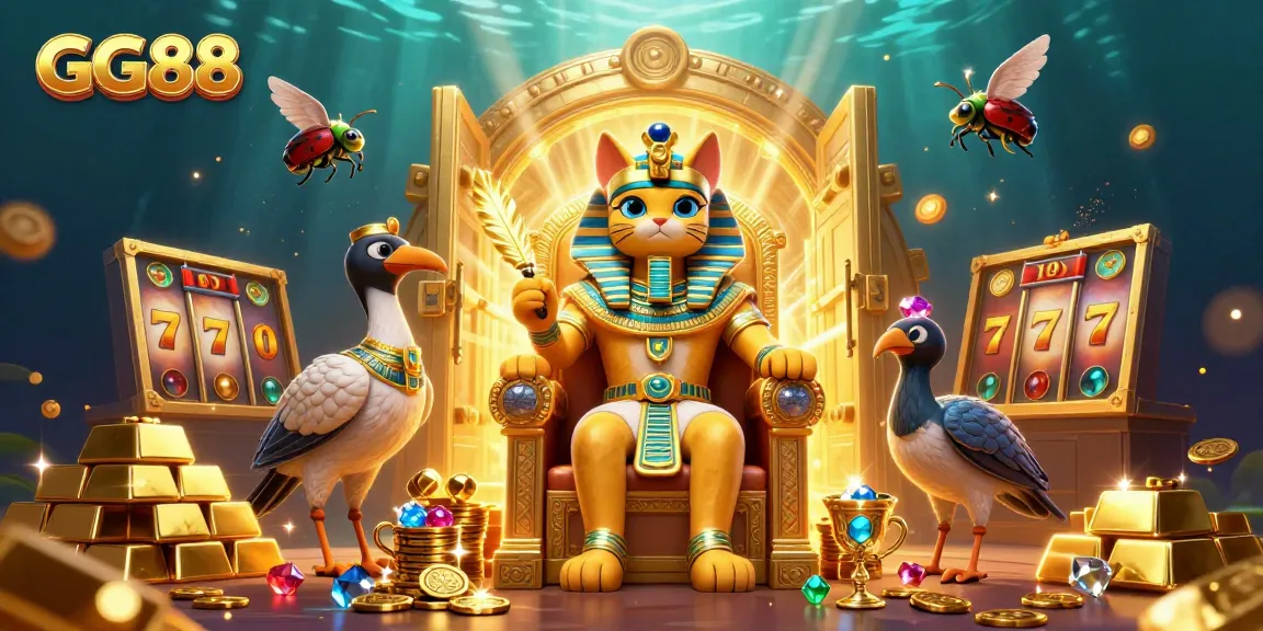 Experience the excitement of GG88 casino with the pharaoh cat and treasures in a vibrant scene.
