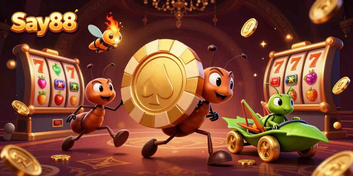 Say88 showcases an energetic scene of ants and friends transporting giant poker chips, illustrating thrilling casino action.