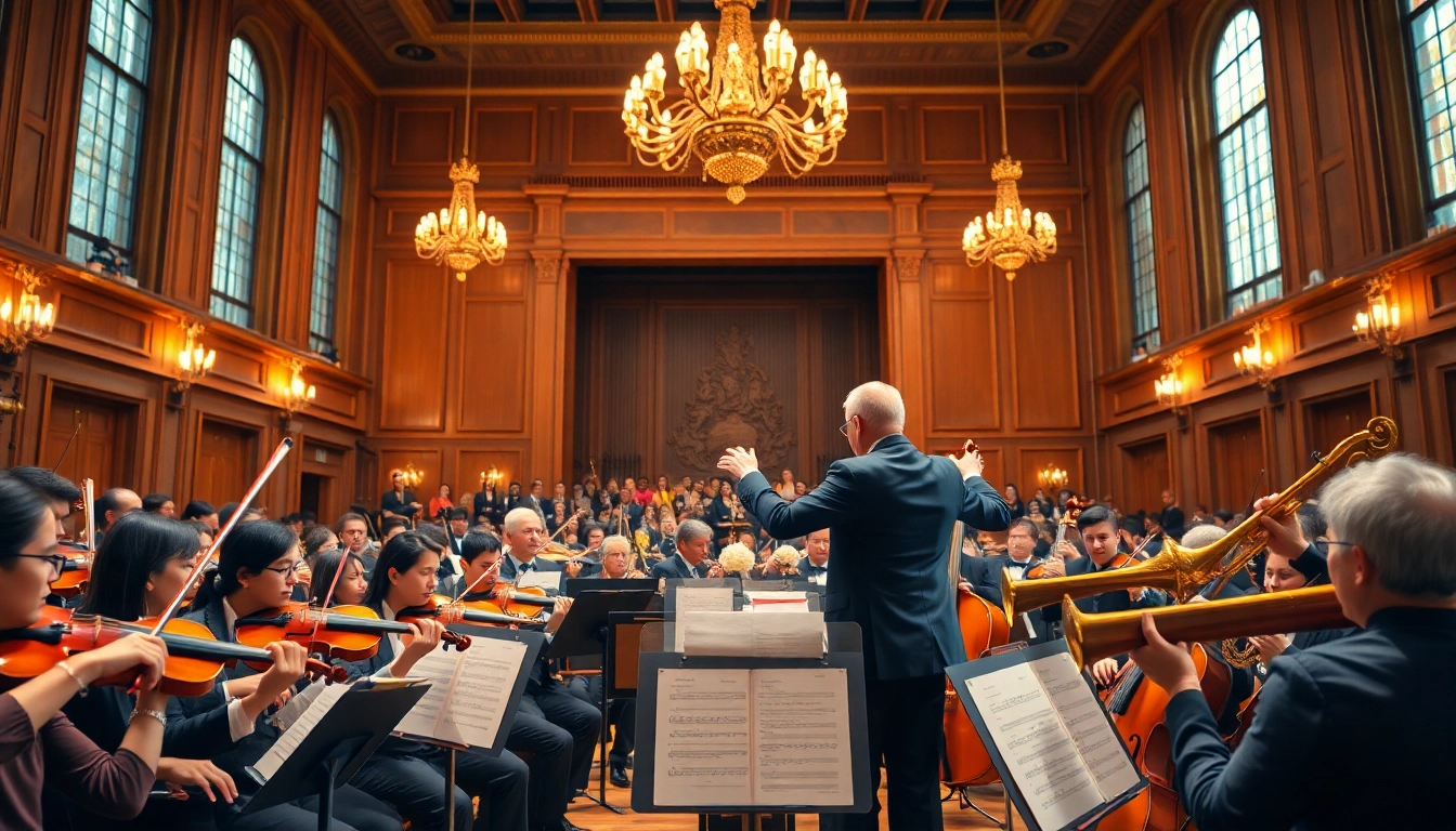 Asculta muzica clasica interpretata de un orchestra profesionist intr-un concert elegant.