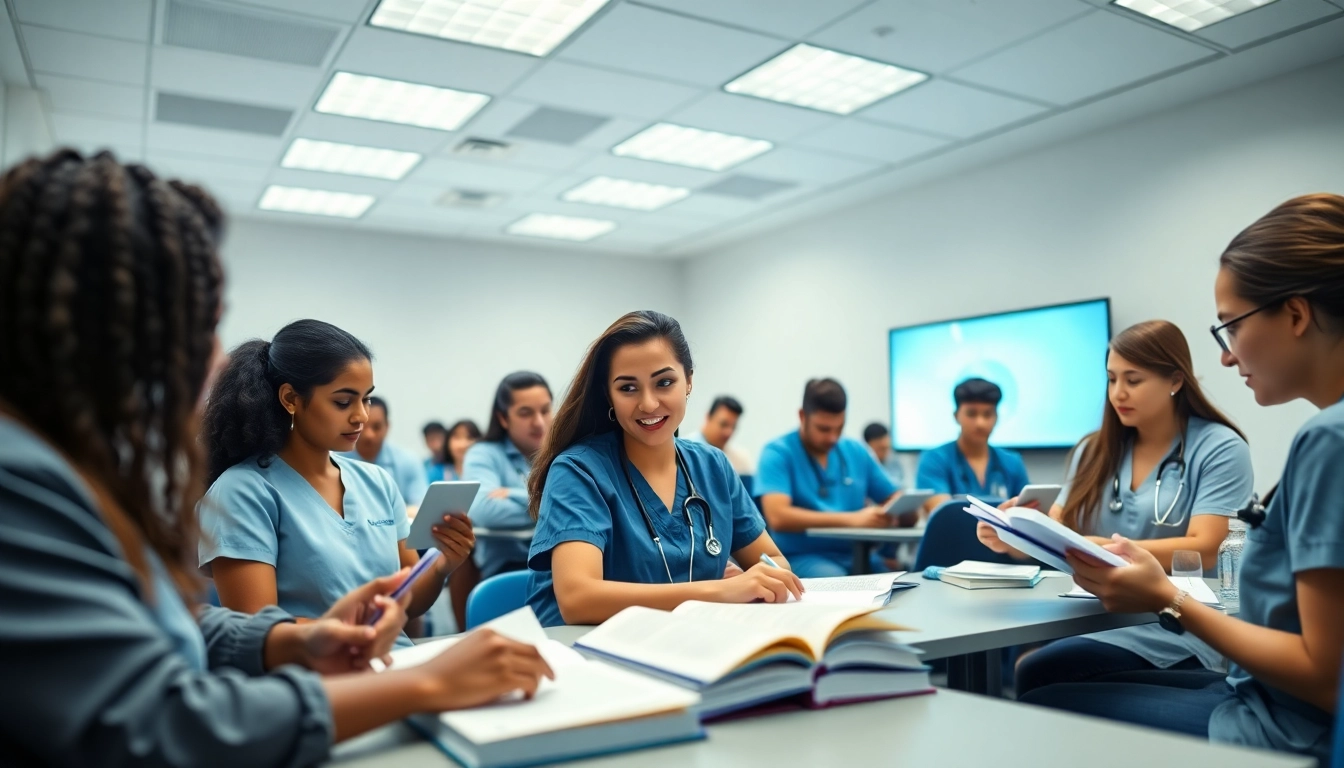 Interactive repeat NCLEX taker review Houston session with diverse students in a bright classroom.