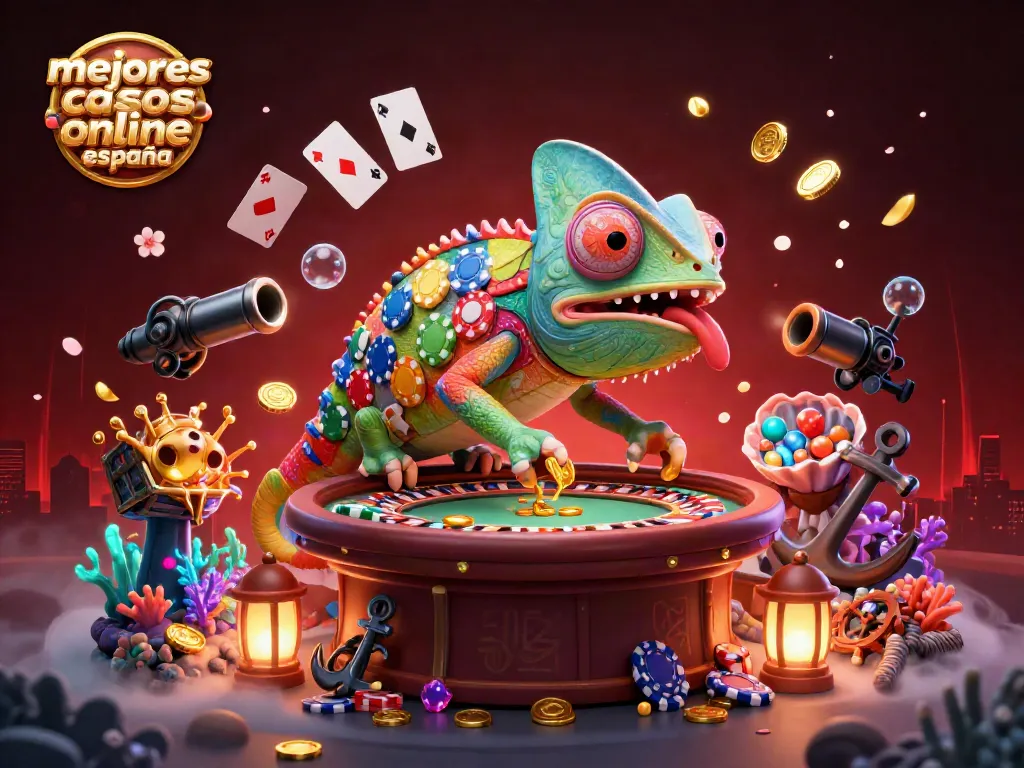 Los mejores casinos online España presentan una ilustración vibrante con un camaleón dueño de casino.