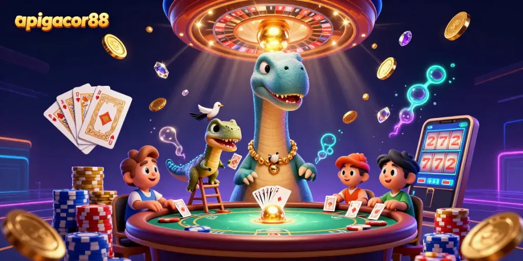 Join the excitement with apigacor88 as a clever raptor deals cards under a giant brontosaurus.