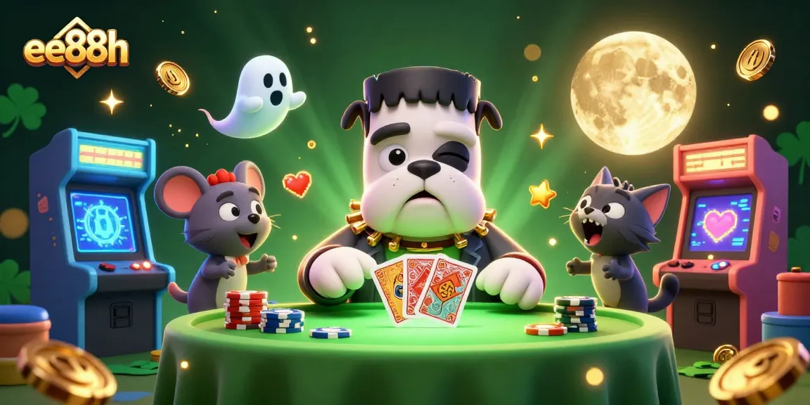 Engage with the dynamic ee88h casino scene featuring a lively Frankenstein bulldog and a playful ghost mouse.