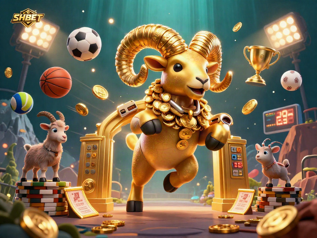 SHBET captivates gamblers with a vibrant scene of a golden ram charging towards a golden gate amidst dynamic sports elements.