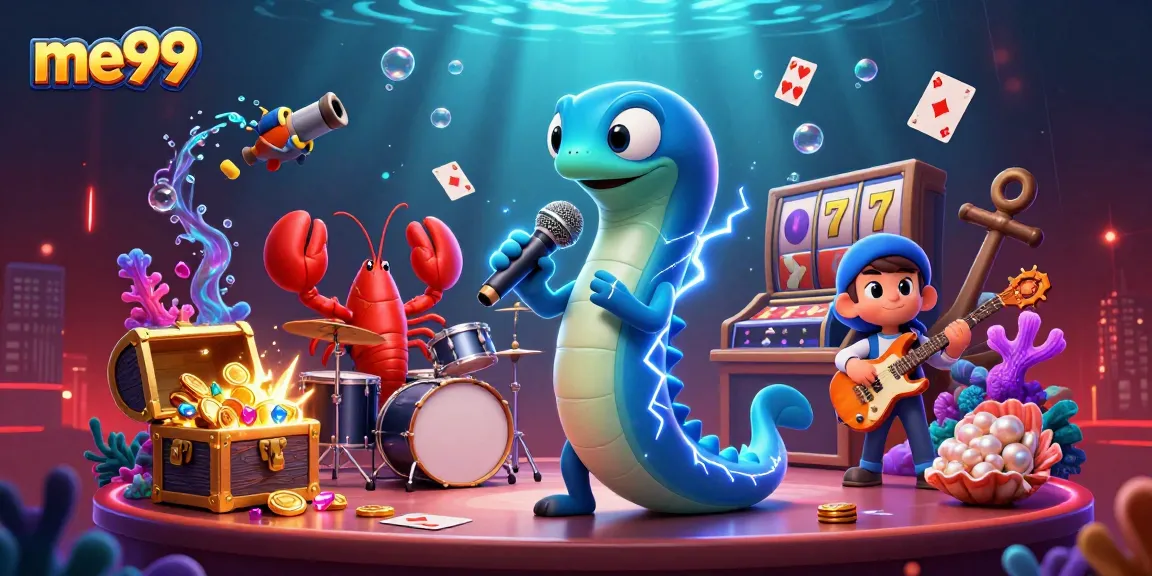 Exciting Me99 scene showcasing electric eel DJ in an underwater casino with vibrant elements.