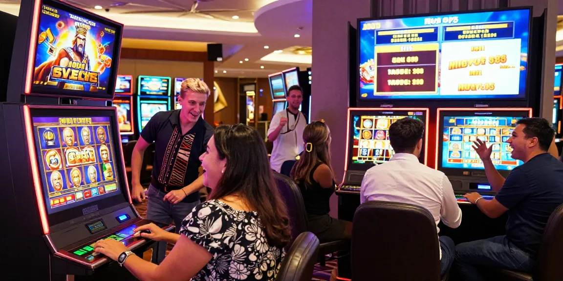 Exciting gaming experience at the situs 888 slot Zeus machine with diverse players winning big and enjoying the electric atmosphere.