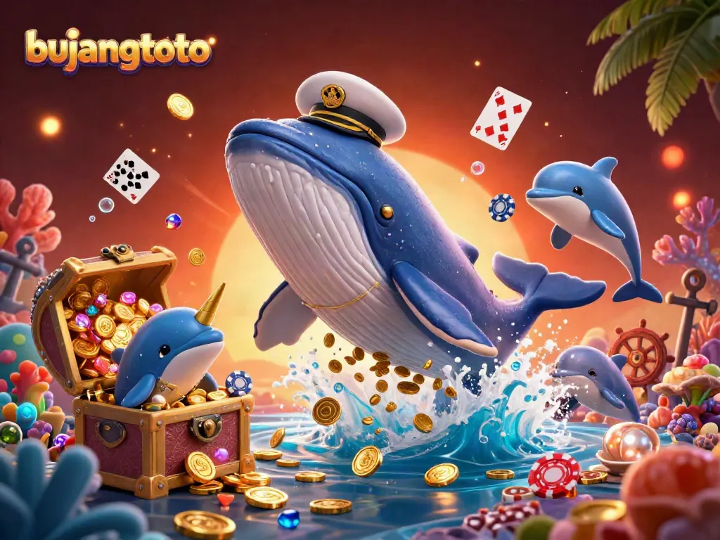 Bujangtoto showcases an exciting underwater casino scene with a cartoon whale and dolphins amidst gold coins and vibrant elements.