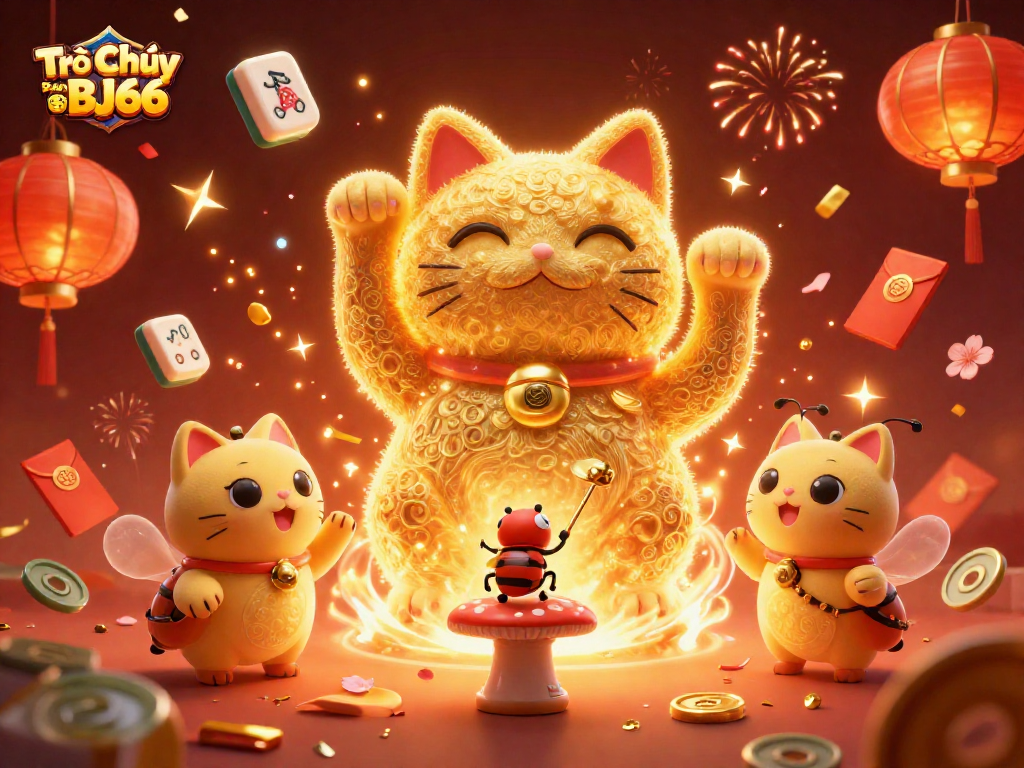 Trò Chơi Bàn BJ66: Hình ảnh mô phỏng 3D đầy màu sắc với linh vật may mắn và các biểu tượng casino