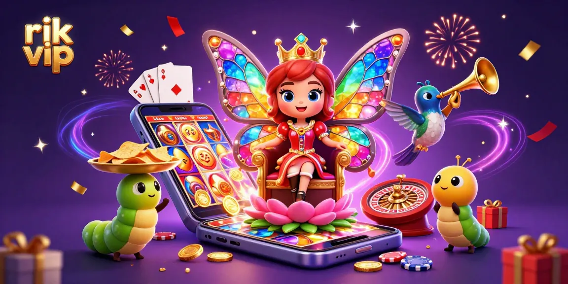 Experience thrilling gameplay with rik vip, featuring a butterfly queen and vibrant casino elements in 3D.