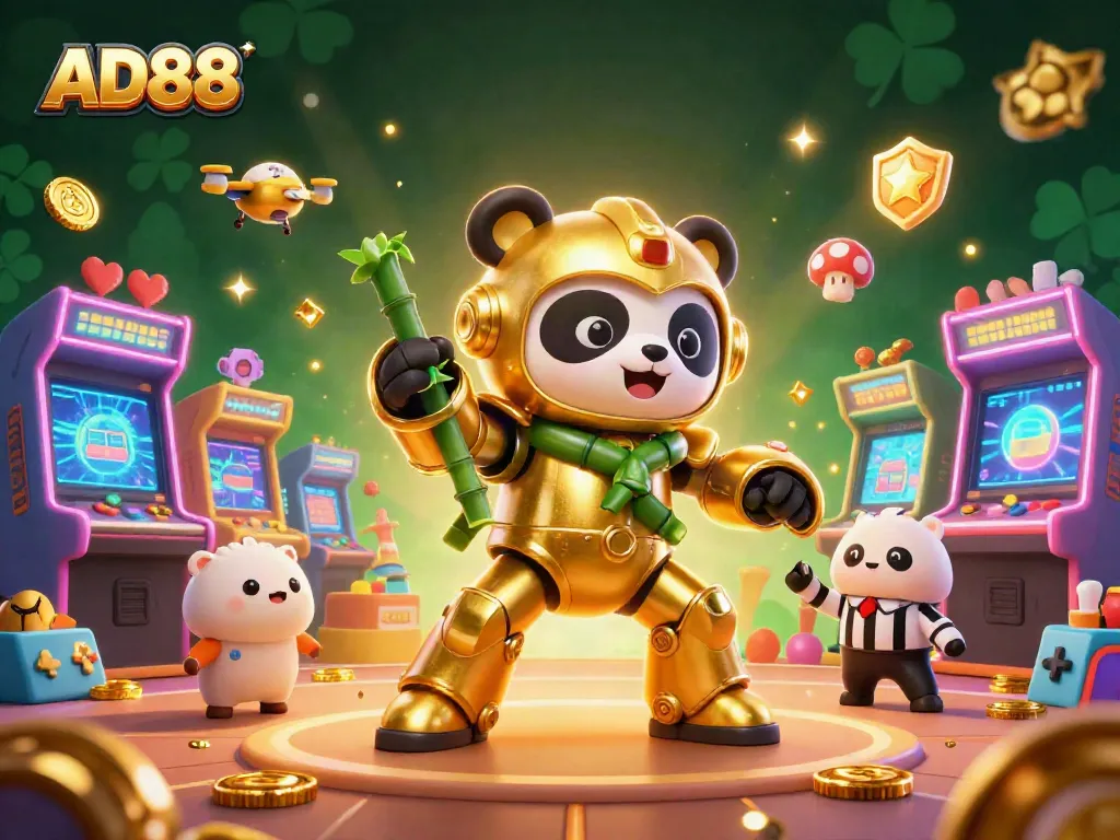 Engage in thrilling casino gameplay with AD88 as a golden panda warrior battles in a vibrant arcade arena.