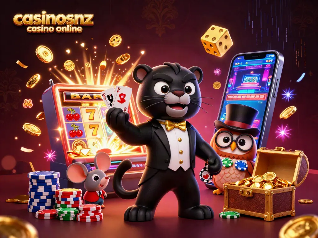 Experience thrilling gameplay at casinosnz casino online with a dynamic scene filled with colorful characters and slot machines.