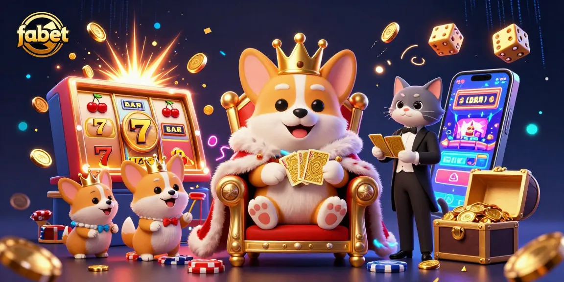 Play with fabet's royal corgi in a vibrant casino scene bursting with exciting games and jackpots.