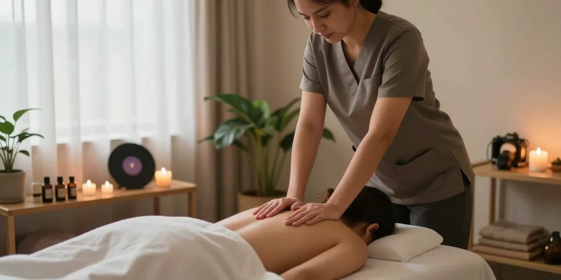 마사지 받을 때 아로마 오일과 캔들로 차분한 분위기의 마사지샵