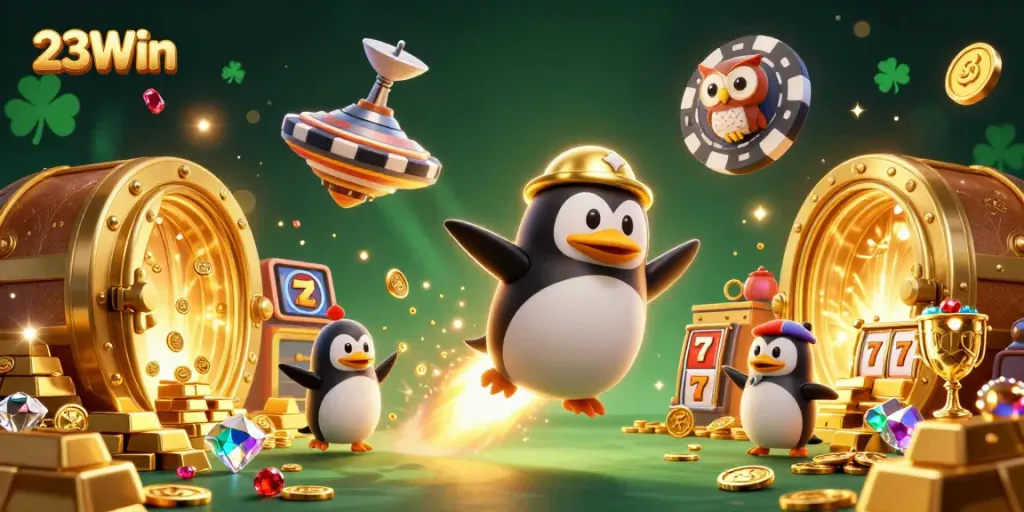 Win big with 23Win's exciting slots and casino games illustrated with a golden penguin and treasure.