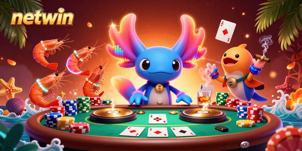Join the fun at netwin with an electrifying 3D illustration featuring vibrant characters and dynamic poker elements.