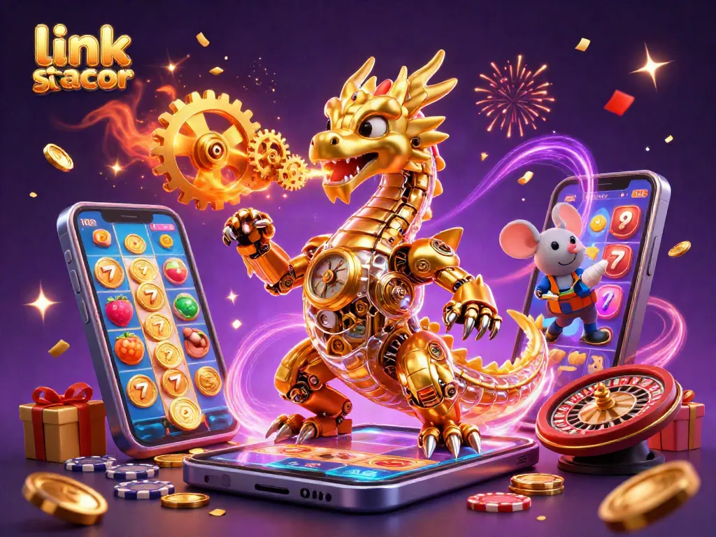 Melihat keseruan bermain pada link slot gacor dengan naga emas dan elemen slot yang berkilauan.