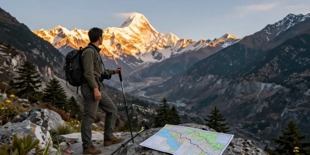 Traveler enjoying the stunning views at Manaslu Circuit during sunset