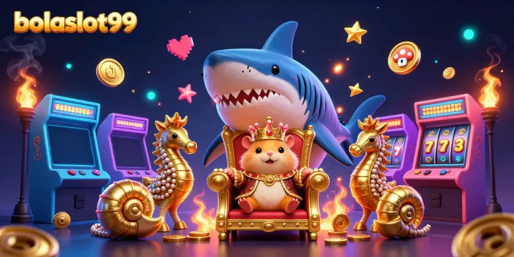 Bite into winning excitement with bolaslot99's vibrant gaming adventure featuring a hamster king atop a shark throne.