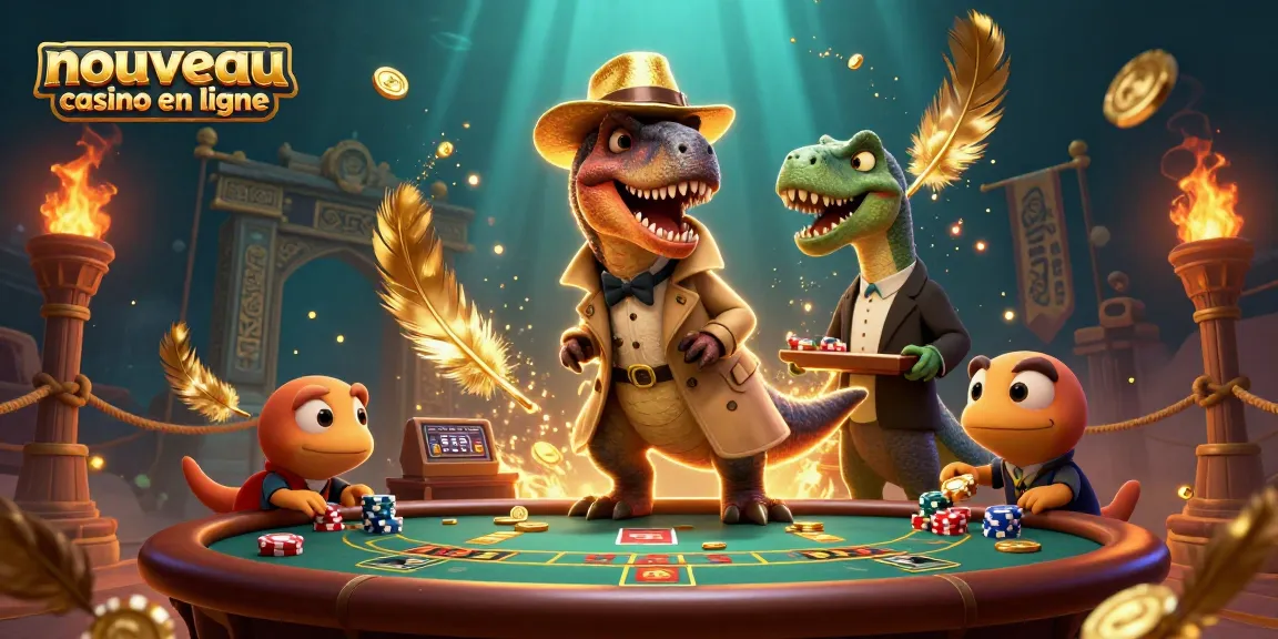 Image illustrant un nouveau casino en ligne avec un velociraptor tentant de jouer clandestinement au blackjack, les jetons éparpillés