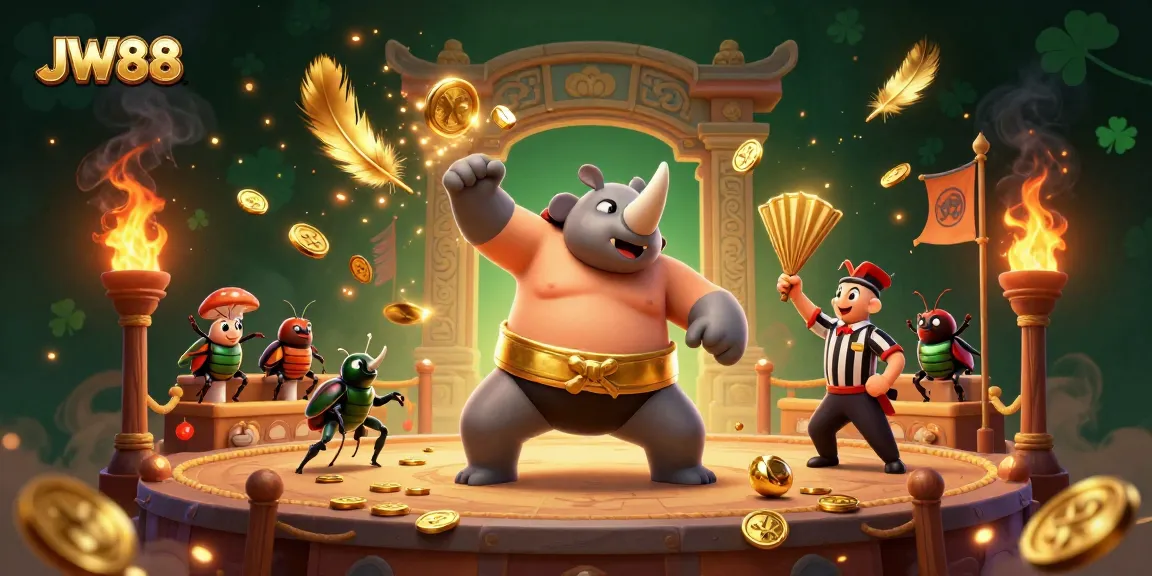 JW88 showcases vibrant action in a dynamic sumo wrestling scene with golden coins and cheering beetles.