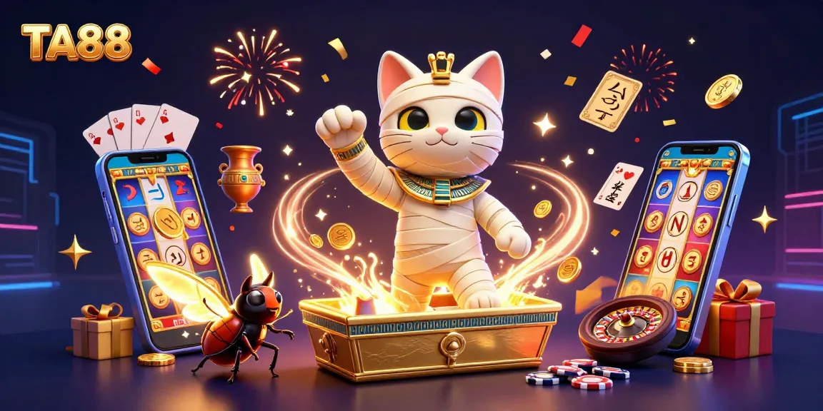 Experience the excitement of TA88 with vibrant visuals featuring a mummy cat and glowing scarab.