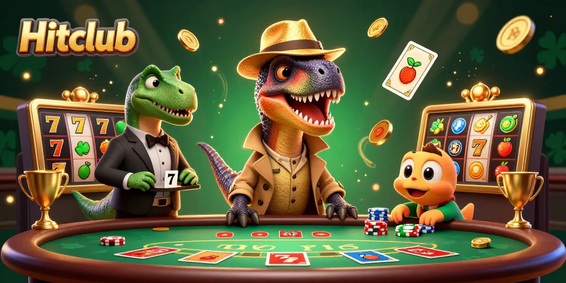 Hitclub's lively 3D casino scene features a velociraptor card counter, a stegosaurus pit boss, and a compy pickpocket amidst dynamic gaming elements.