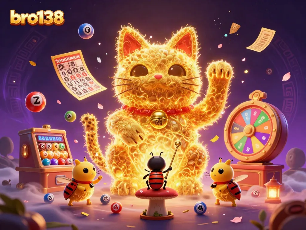 Engage in thrilling action at bro138 with a lucky cat, lottery balls, and casino symbols.