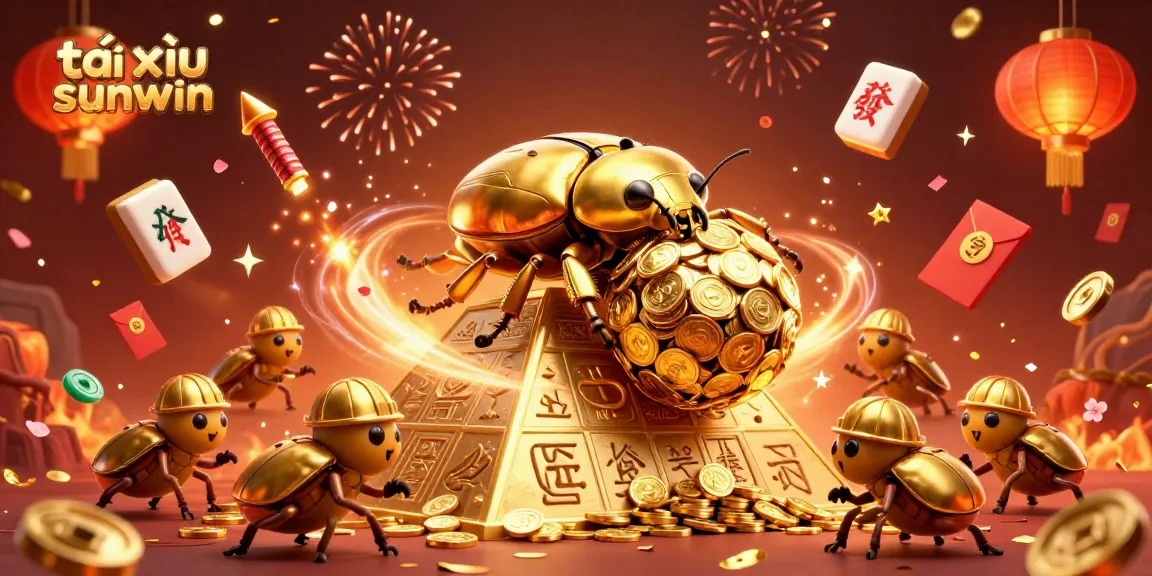 Experience the thrill of tài xỉu sunwin with a golden dung beetle rolling coins amidst vibrant casino symbols.
