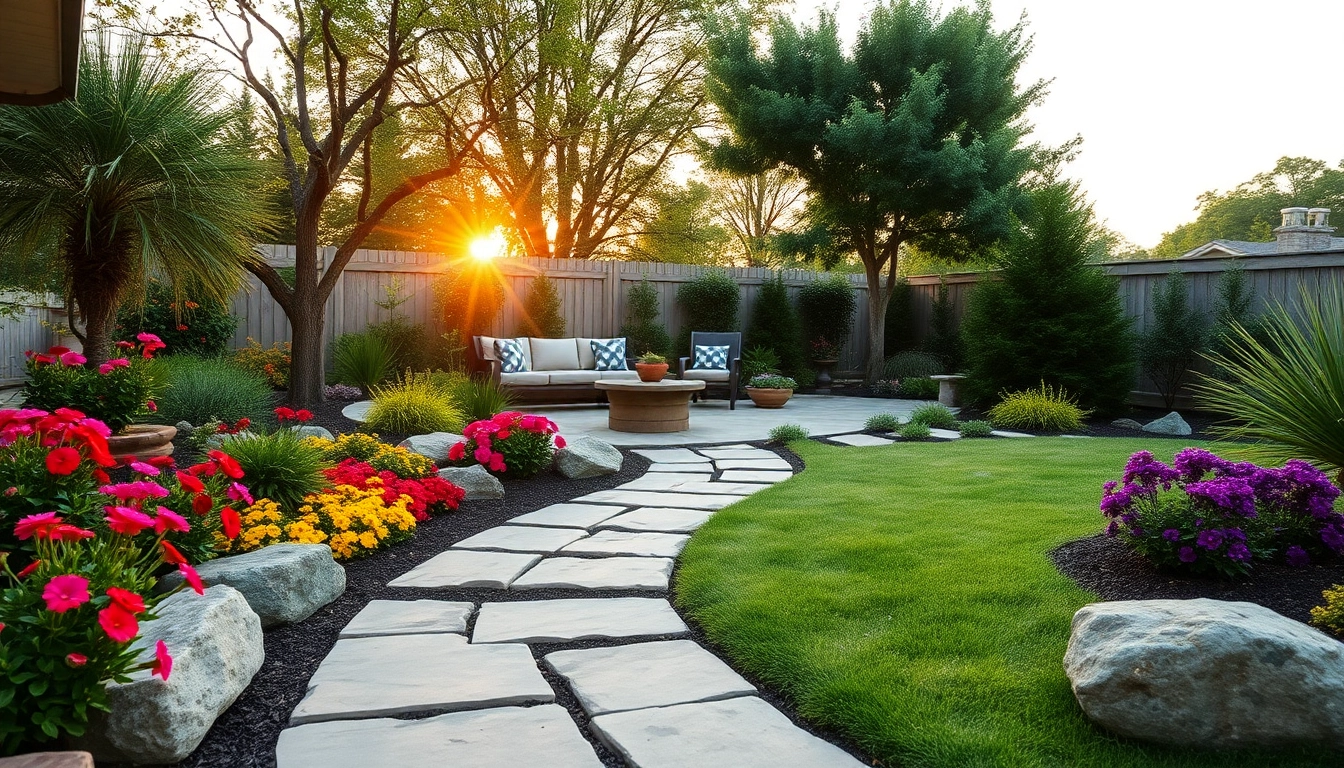 Captivating backyard landscaping design featuring a vibrant flower garden and inviting seating area.