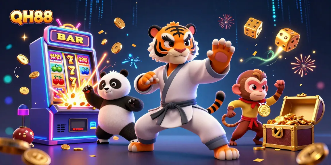 Engage in thrilling gameplay at QH88 with cartoon characters celebrating big wins at the slots!