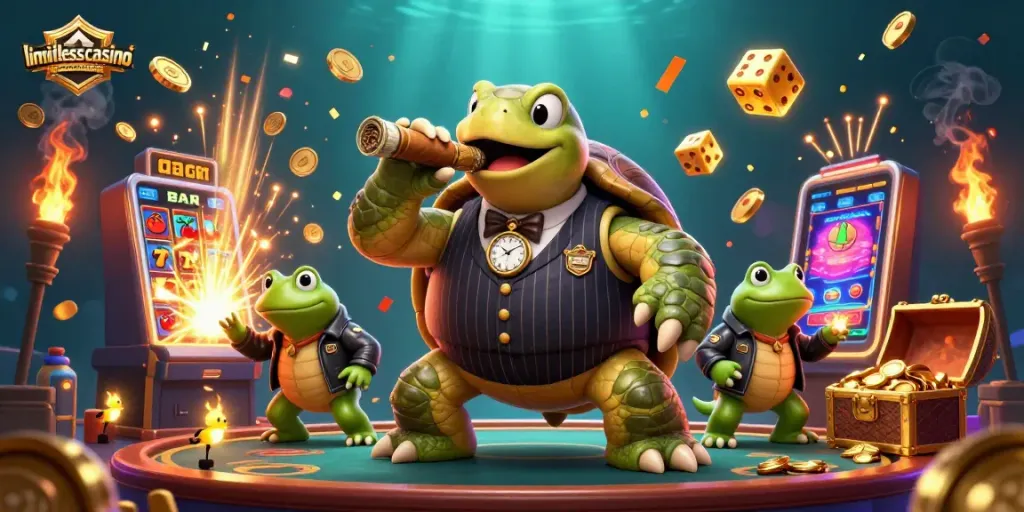 Engaging limitlesscasinobonuscodes scene with cartoon turtle and bullfrogs celebrating casino wins.