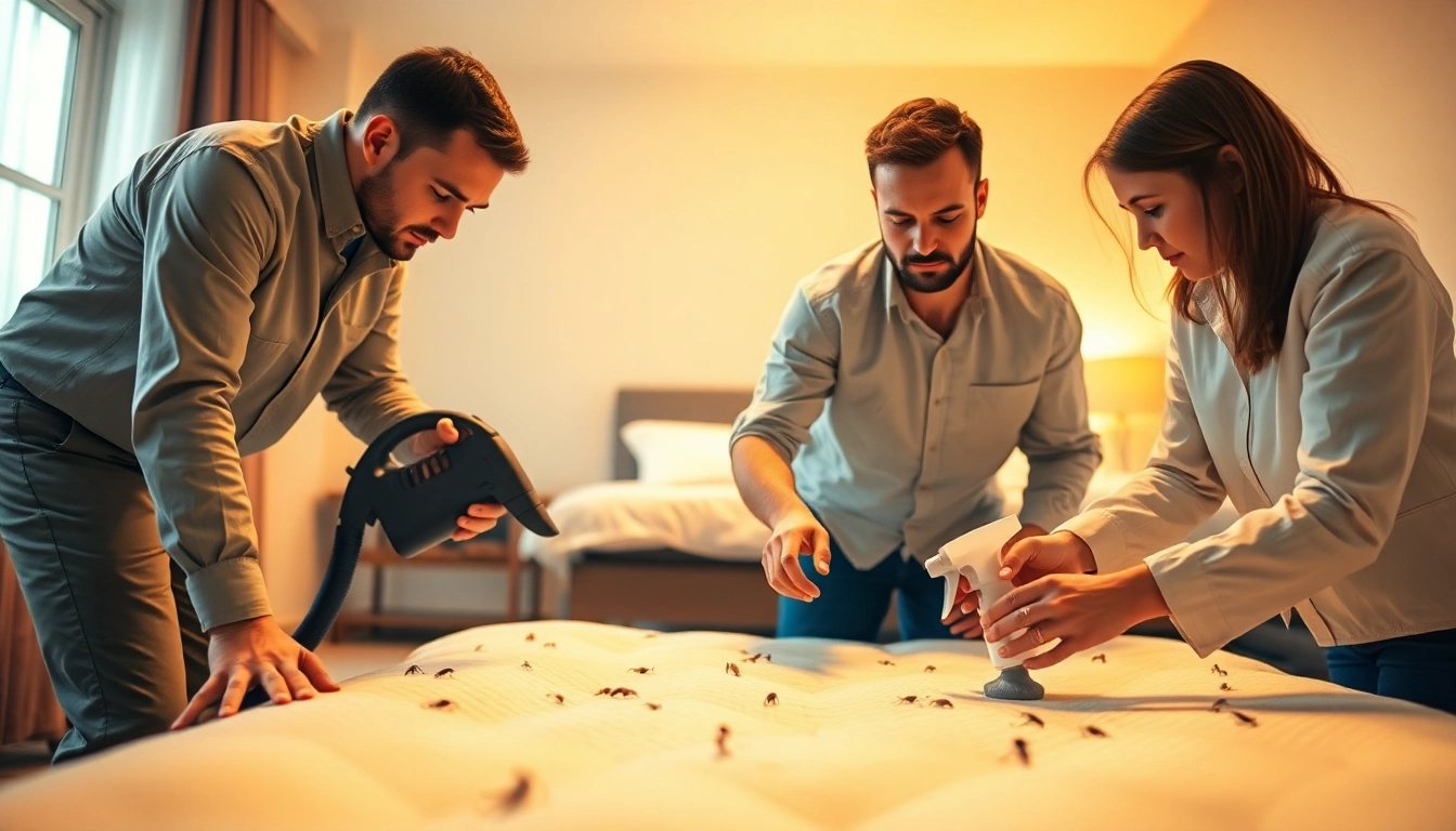 Bed bug exterminators conducting inspections in a clean home environment.