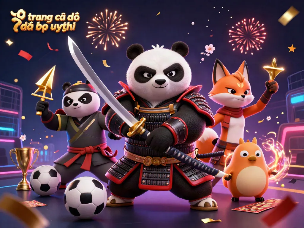 Cá cược bóng đá uy tín với hình ảnh của một chú gấu trúc samurai và cáo ninja trong không gian đầy màu sắc và năng lượng.