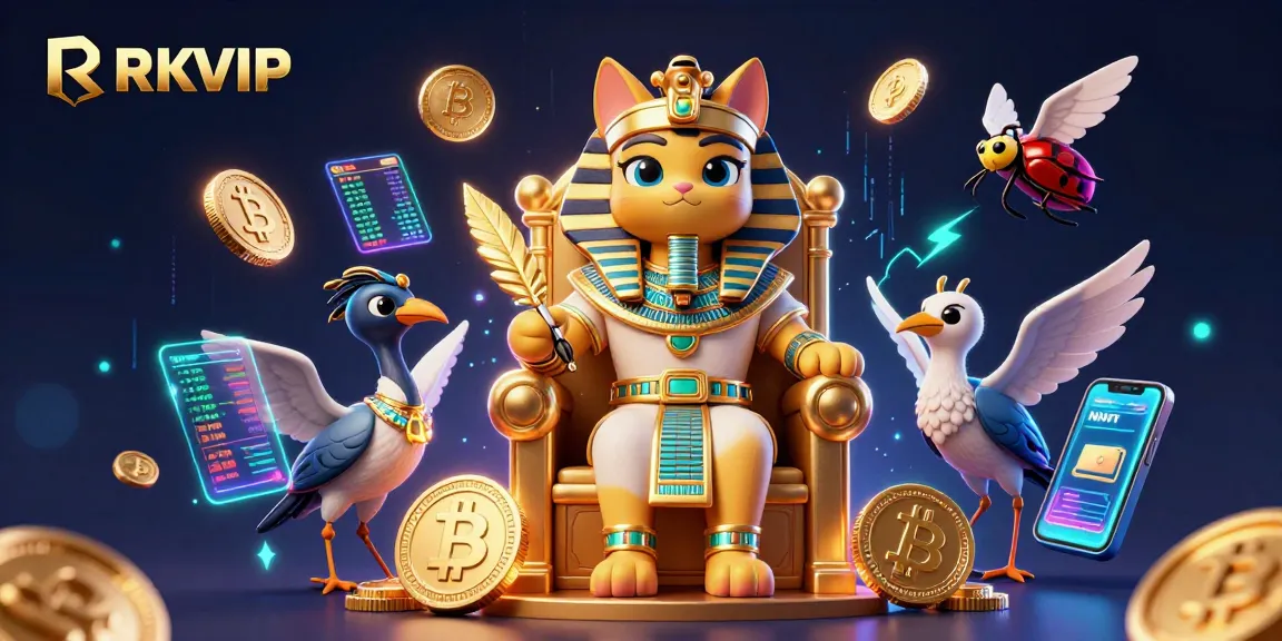Experience the thrill of RIKVIP casino with vibrant 3D characters and cryptocurrency elements in a rich, engaging scene.