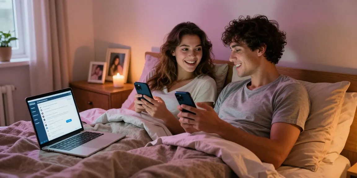Couple enjoying ai sexting in cozy bedroom with playful expressions and modern tech elements.